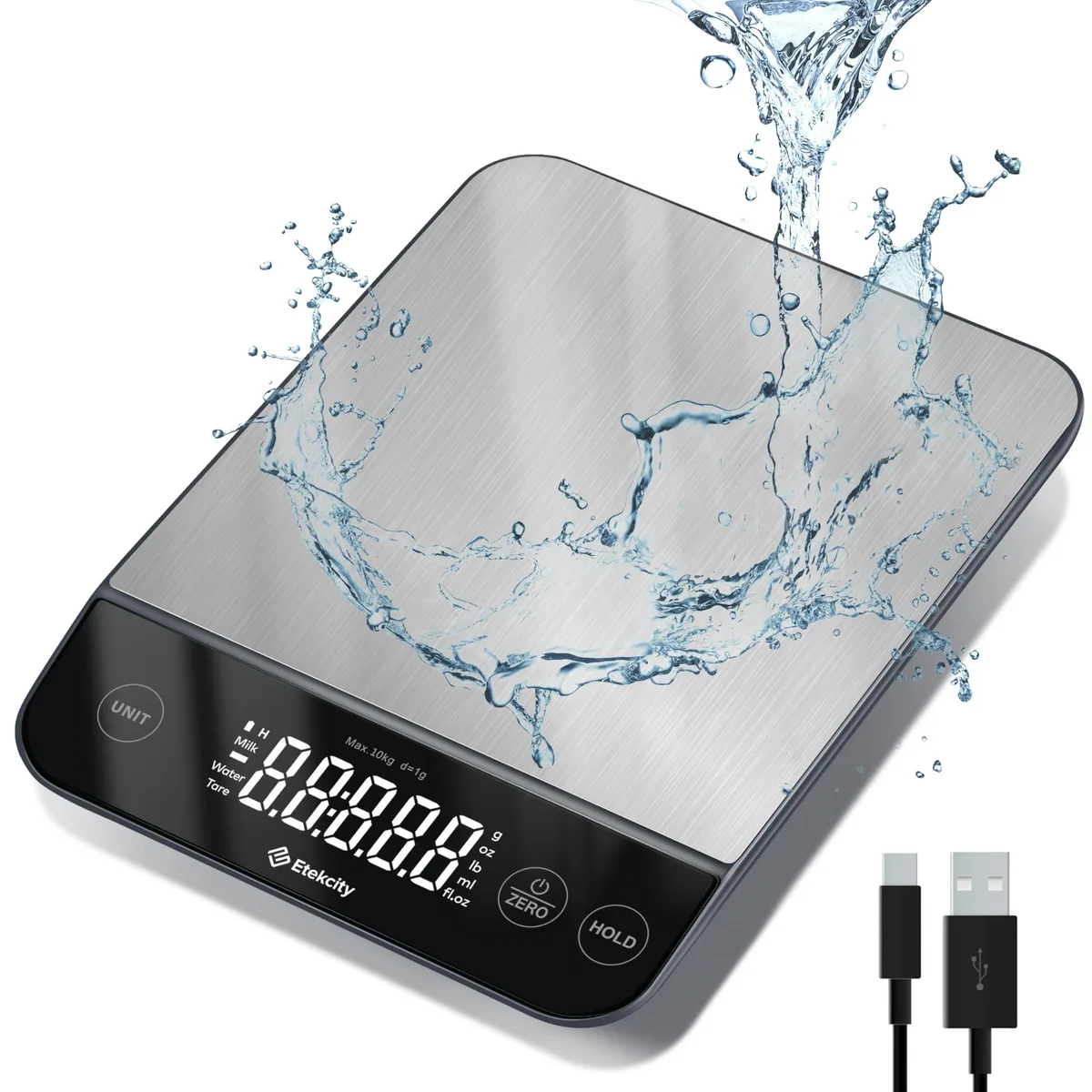 Etekcity Digital Food Kitchen Scale 22lb 10kg 1g .05oz IPX6 USB-C 304 Stainless Silver — product photo