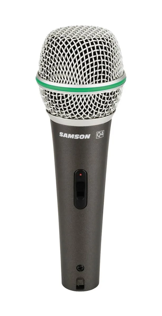 Silver cylindrical dynamic microphone with black mesh grille and XLR connector visible
