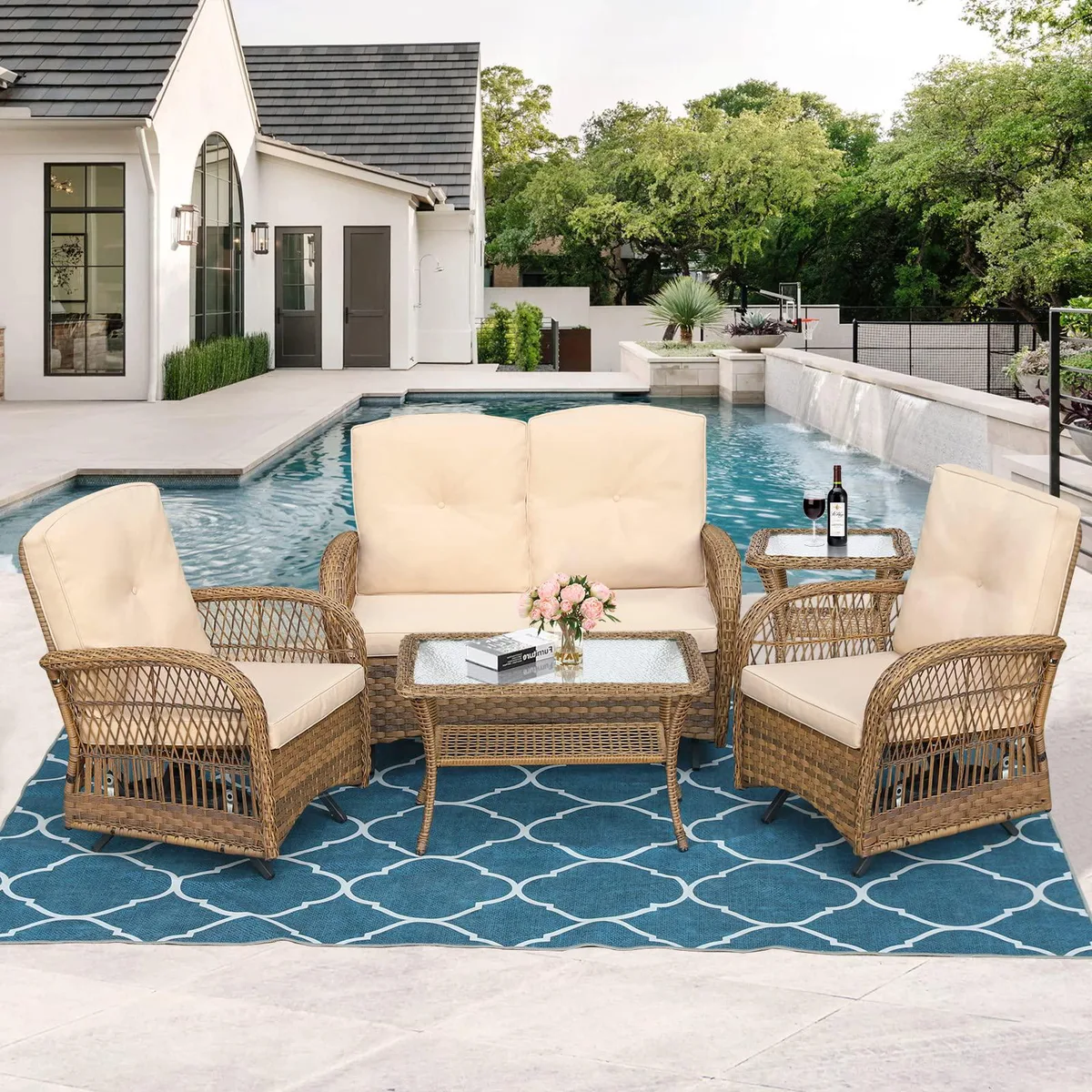 MEETWARM MEETWARM 5-Piece Wicker Patio Conversation Set with Glider Loveseat, Beige — product photo