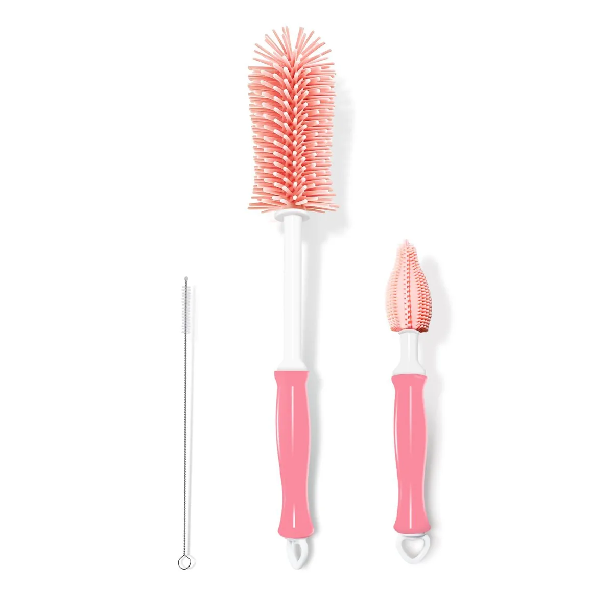 Pink silicone three-piece bottle brush set with long handle, detail brush and straw cleaner