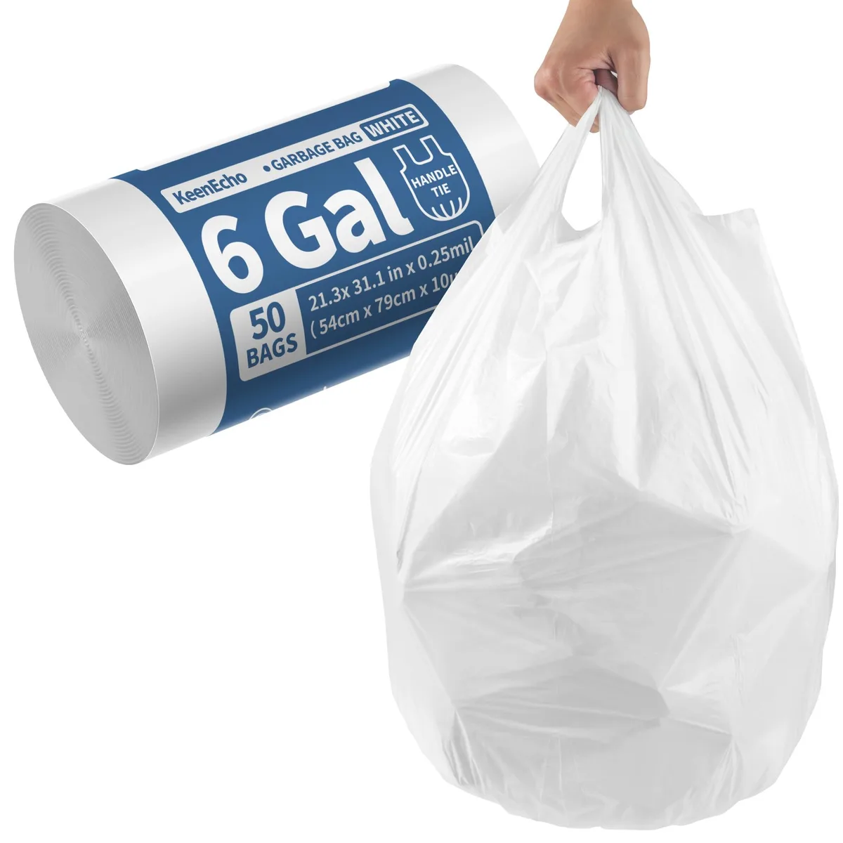 White roll of 50 handled 6-gallon trash bags made from ocean plastic
