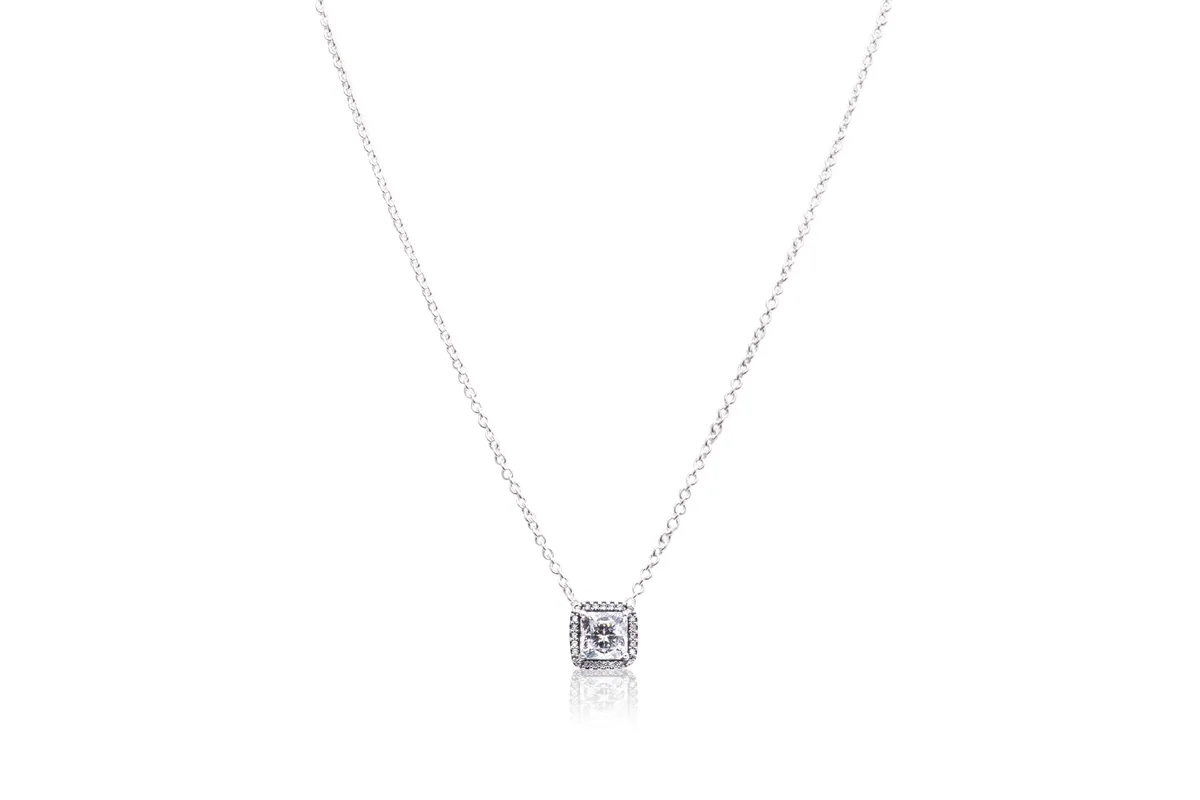 Sterling silver collar necklace with square-cut cubic zirconia halo pendant