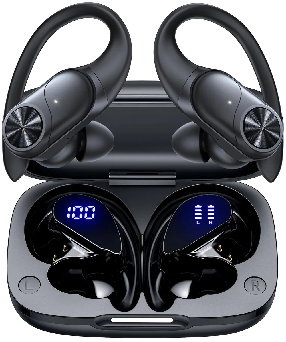 Black wireless earbuds with over-ear hooks and charging case showing digital display