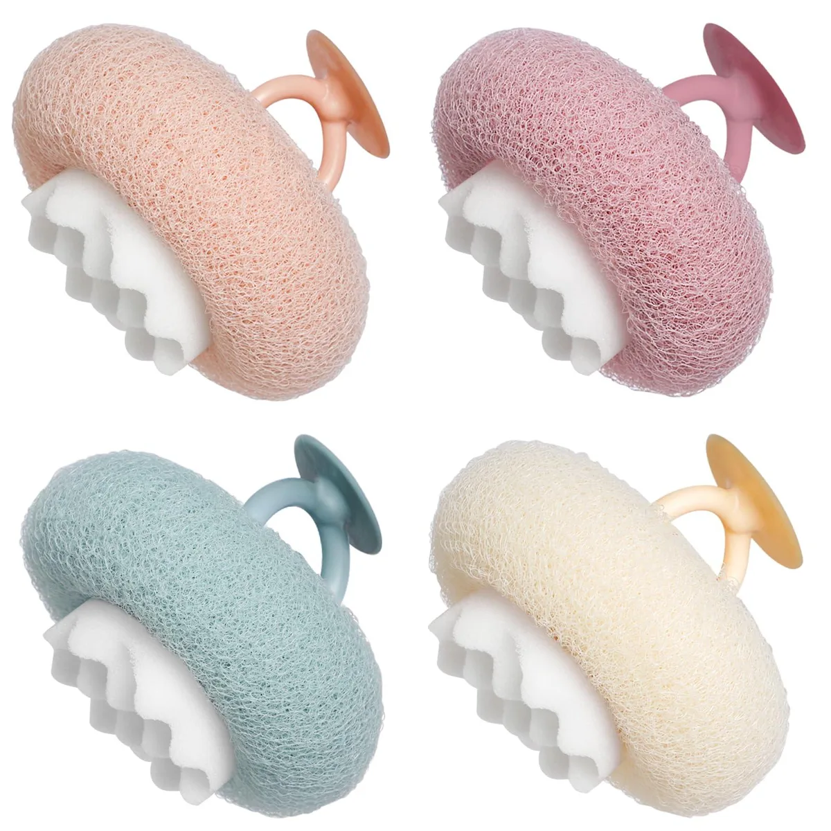 Four flower-shaped bath sponges with suction cups and finger-ring hooks, assorted colours
