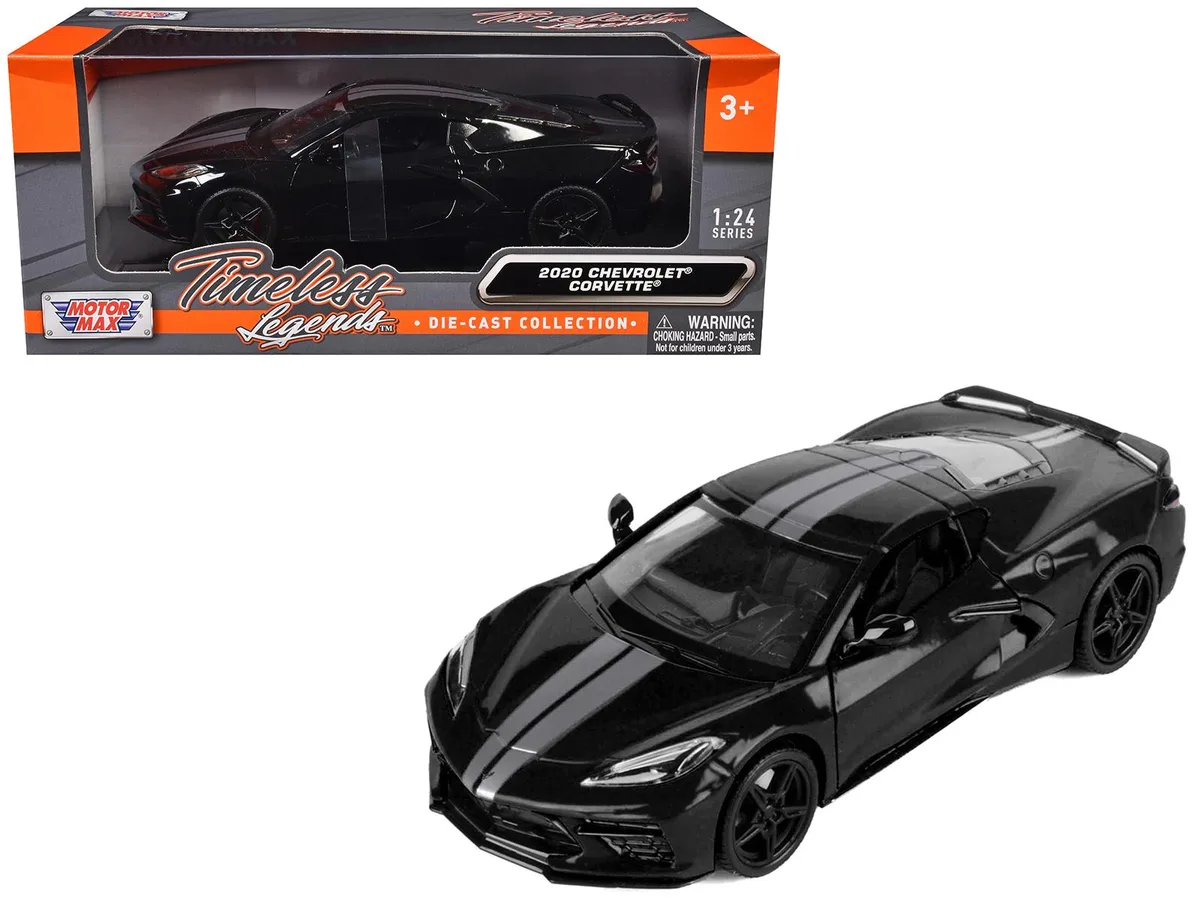 MOTORMAX MOTORMAX 2020 Chevrolet Corvette C8 Stingray Black with Silver Stripes Timeless Legends 1/24 hobby collectible — product photo
