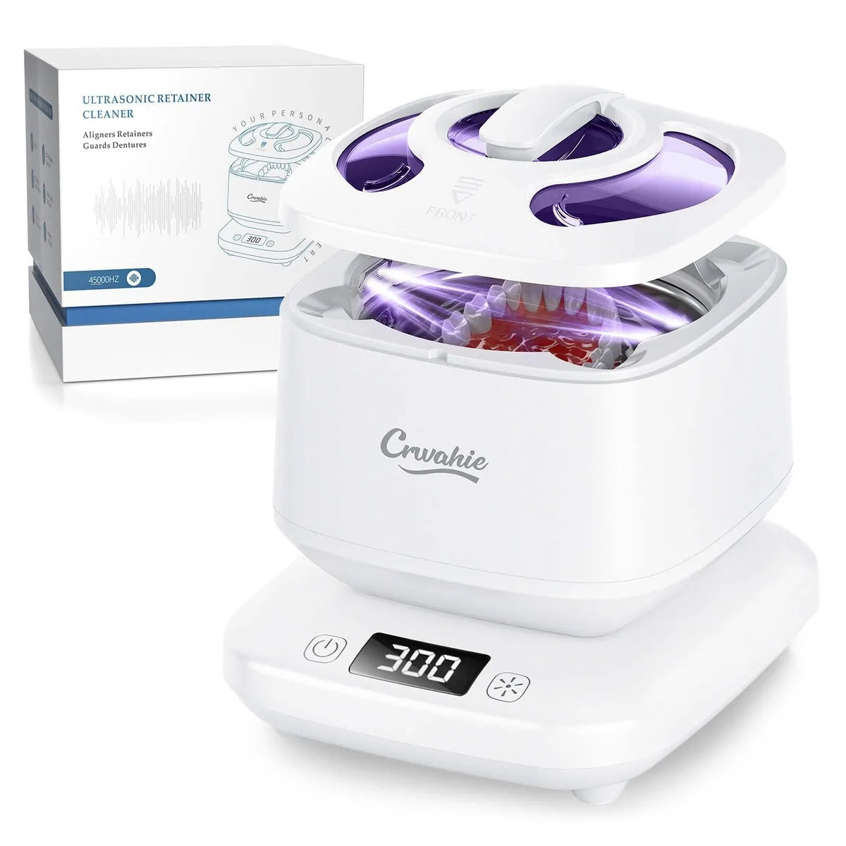 White ultrasonic cleaner pod with transparent lid windows and digital timer display
