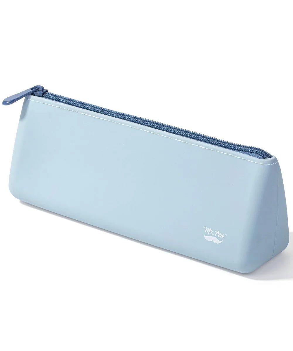 Muted blue triangular silicone pencil case with zipper closure