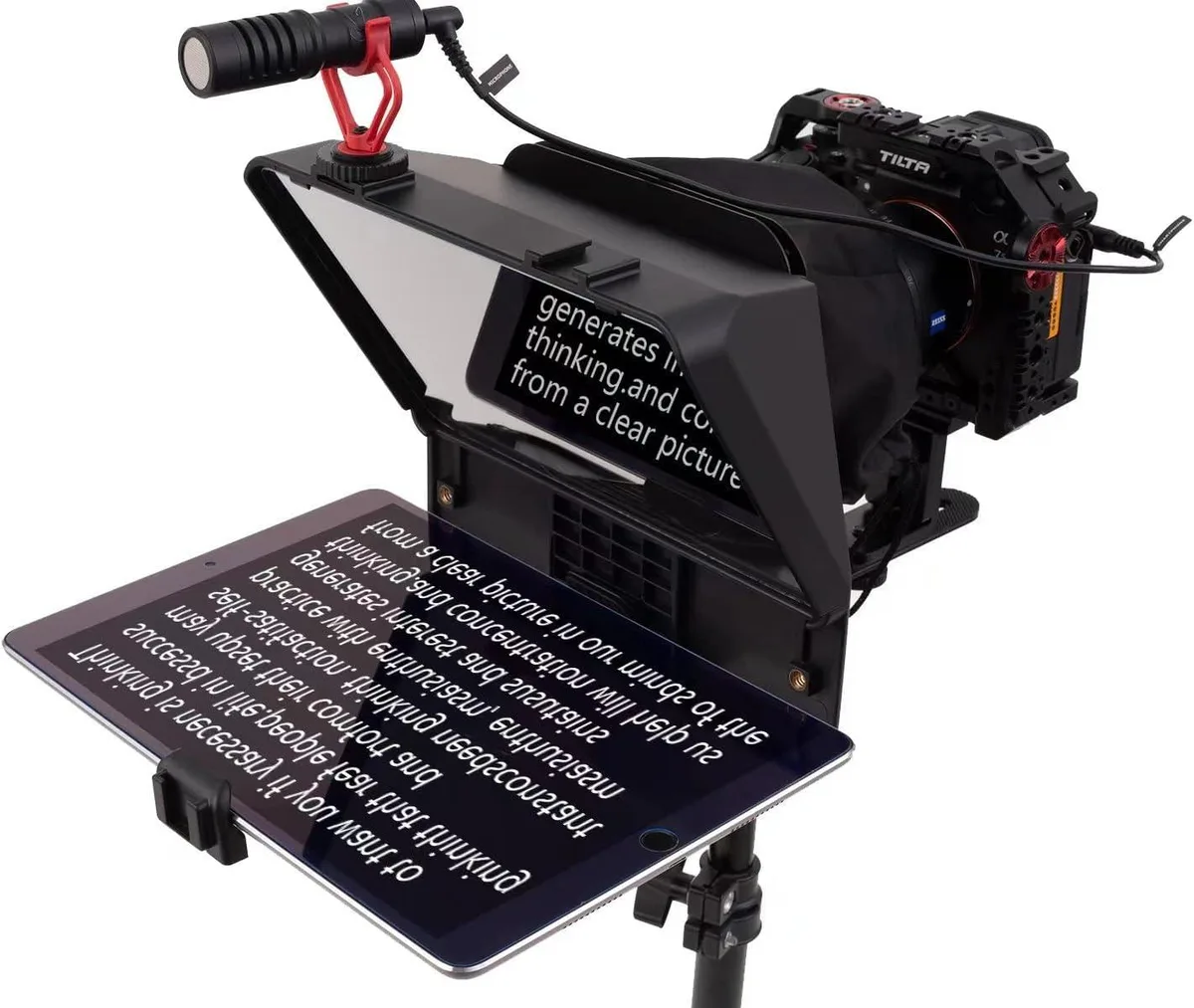 Compact teleprompter with reflective glass, phone holder, dual cold shoes and remote control