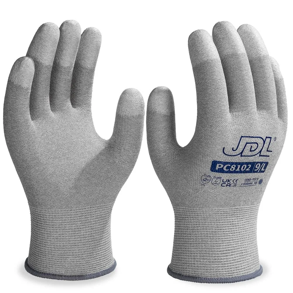 Six pairs of grey carbon-fibre anti-static gloves, medium size, fingertip PU coating