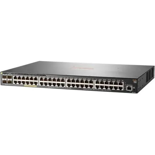 Silver metal rack-mount switch with 48 ports and four SFP+ uplinks