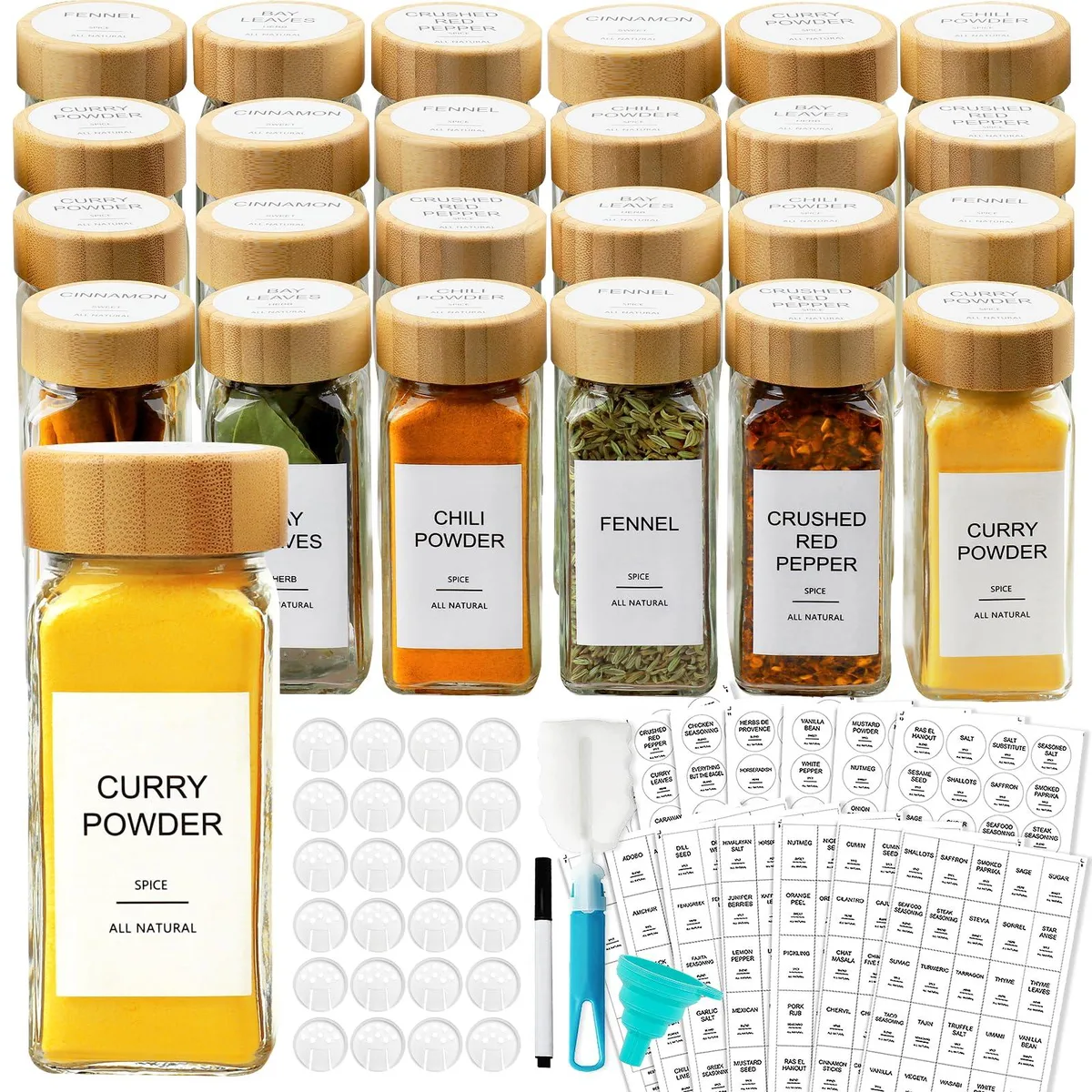 Twenty-four square red glass spice jars with bamboo lids and shaker tops, plus labels and funnel