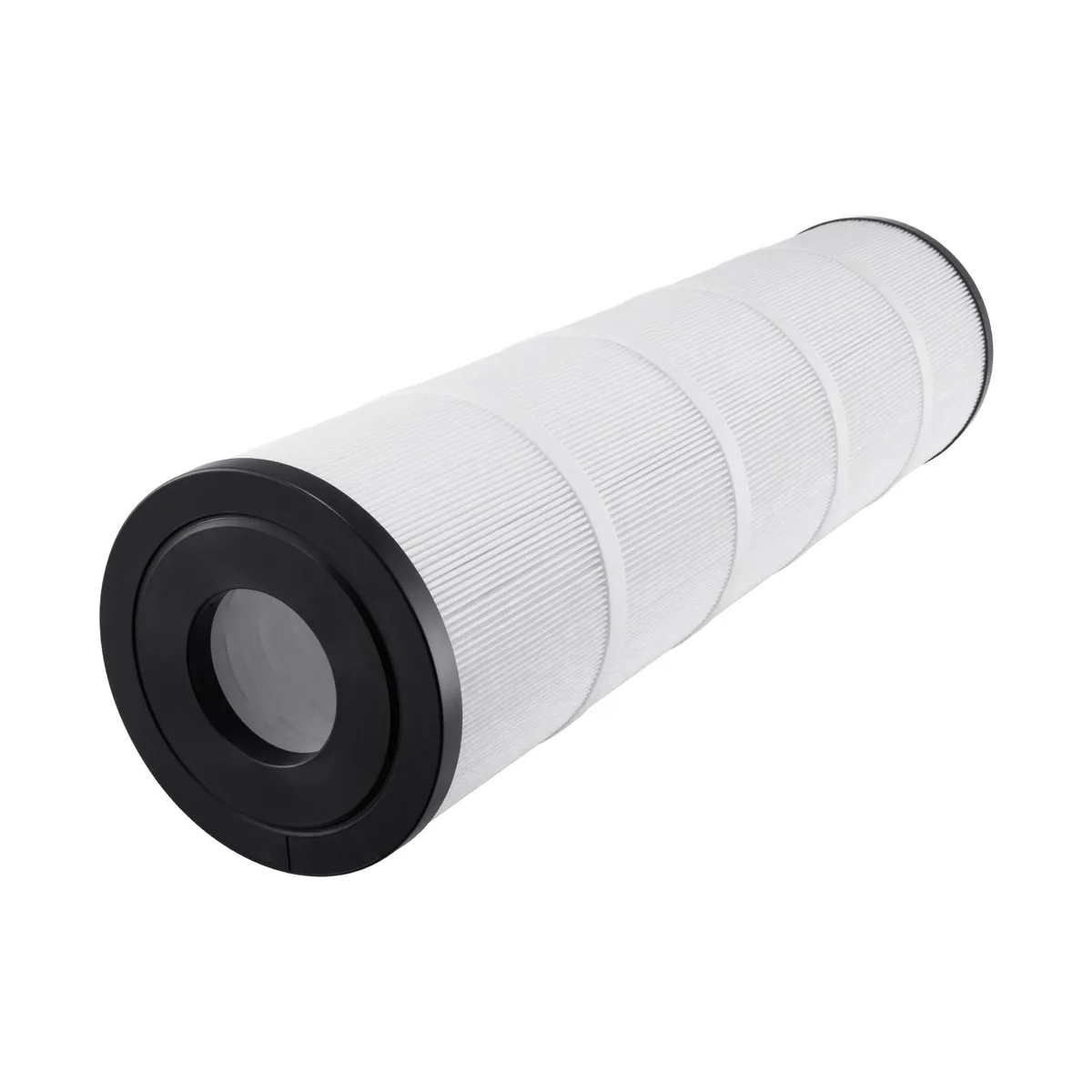 Four white cylindrical pool filter cartridges with pleated fabric and plastic end caps