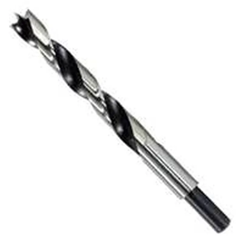 Silver 7/16 inch brad point drill bit with spur edges and wide flutes, 5-19/32 inches overall length, pouched