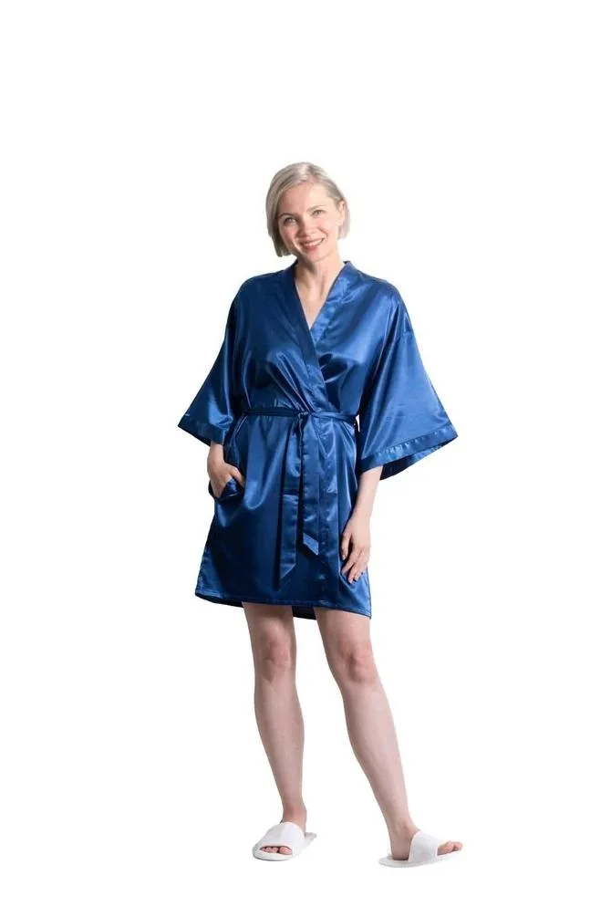 Midnight satin kimono short robe with three-quarter sleeves and waist tie