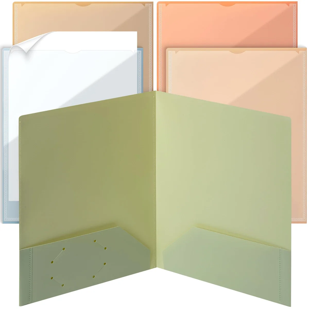 Five plastic folders in spring colours with clear front pockets and pen slots