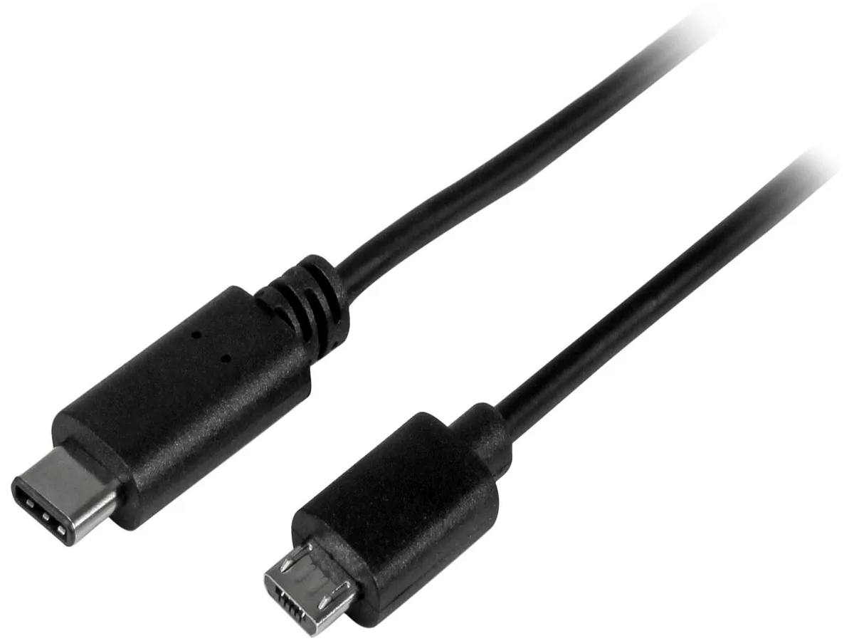 Black PVC cable with straight nickel-plated USB-C and Micro-B connectors
