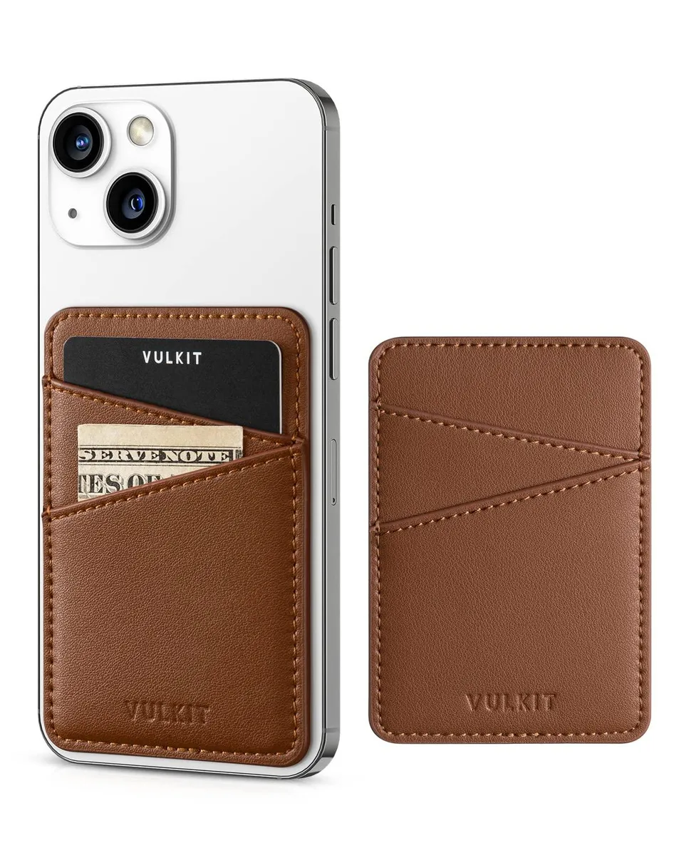 VULKIT Phone Card Holder Wallet Brown Genuine Leather RFID Protected — product photo