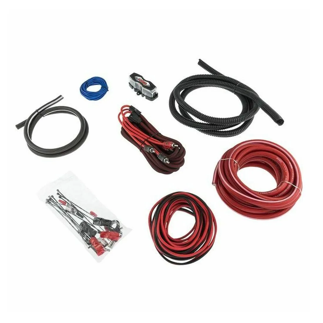 Red and black power cables with fuse holder and connectors in coiled arrangement