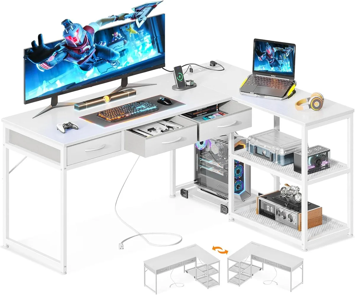 BFKK BFKK 61" L-Shaped Desk with Drawers, USB Ports, White — product photo