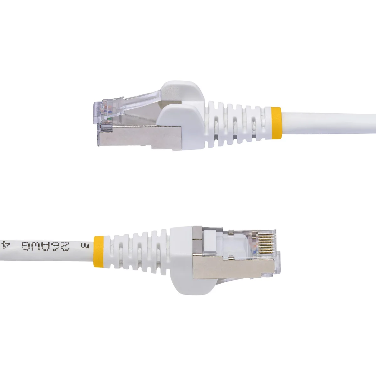 White 100ft Cat6a Ethernet cable with snagless RJ45 connectors