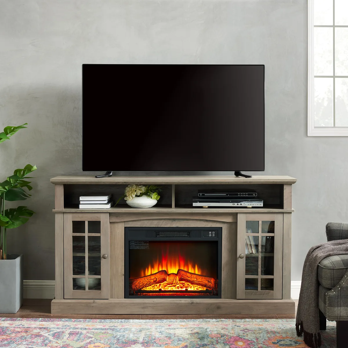 tuphen tuphen Home Entertainment TV Stand 58.25" Gray Wash 23" Fireplace — product photo