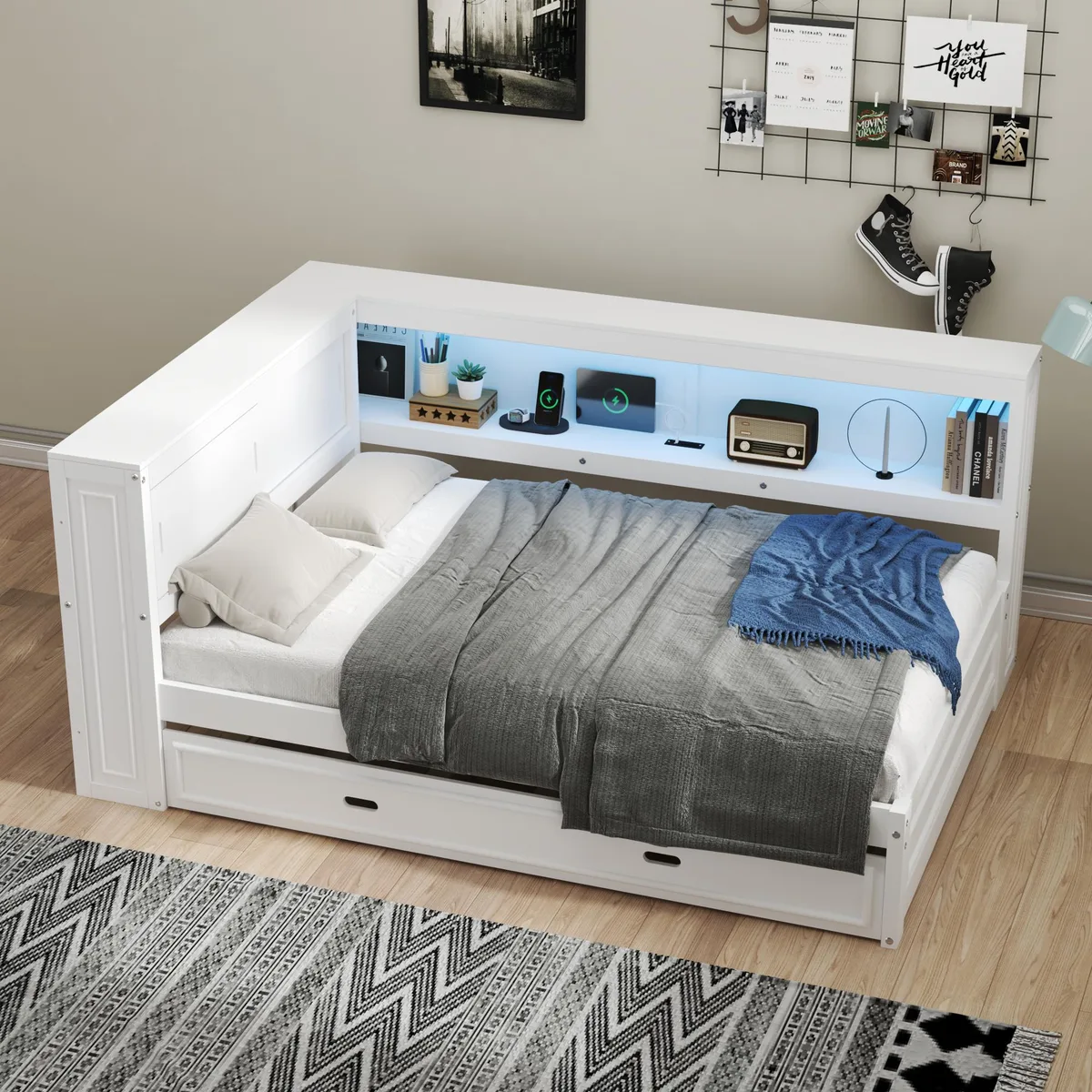 tuphen tuphen Full Size Wood Daybed with Storage Shelves USB LED Trundle White — product photo