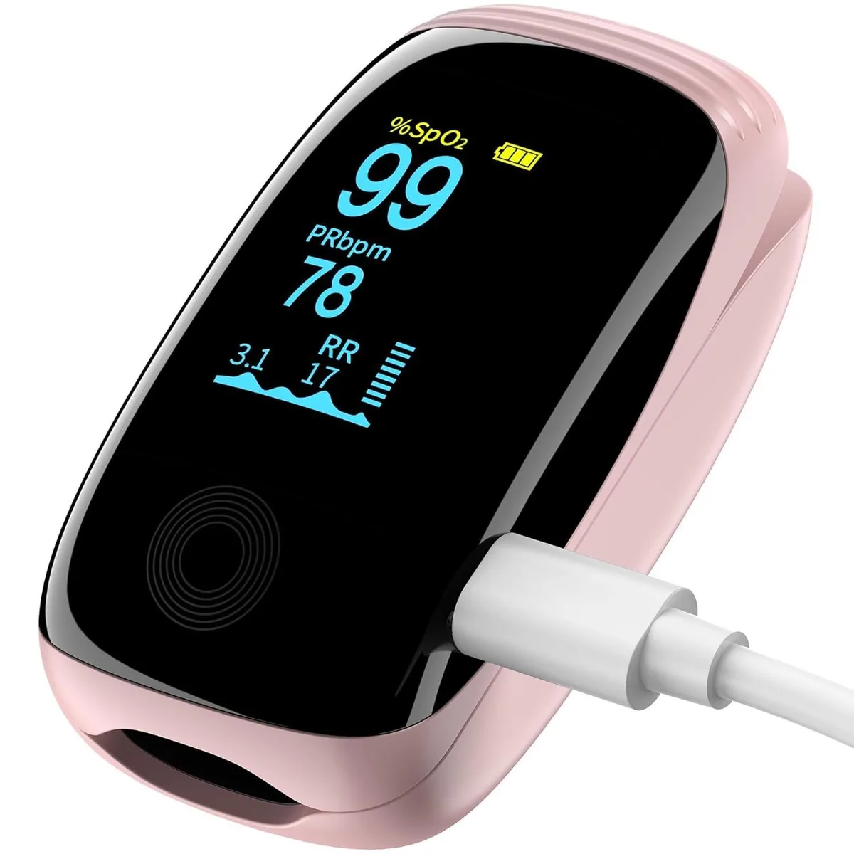 Pink fingertip pulse oximeter with 0.96 inch colour TFT screen and lanyard