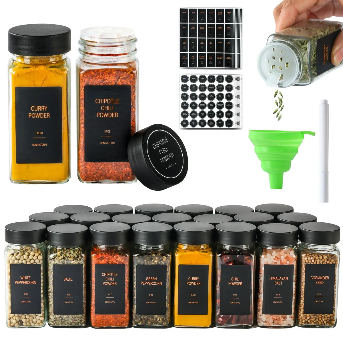 36 red glass spice jars with black shaker lids and labels