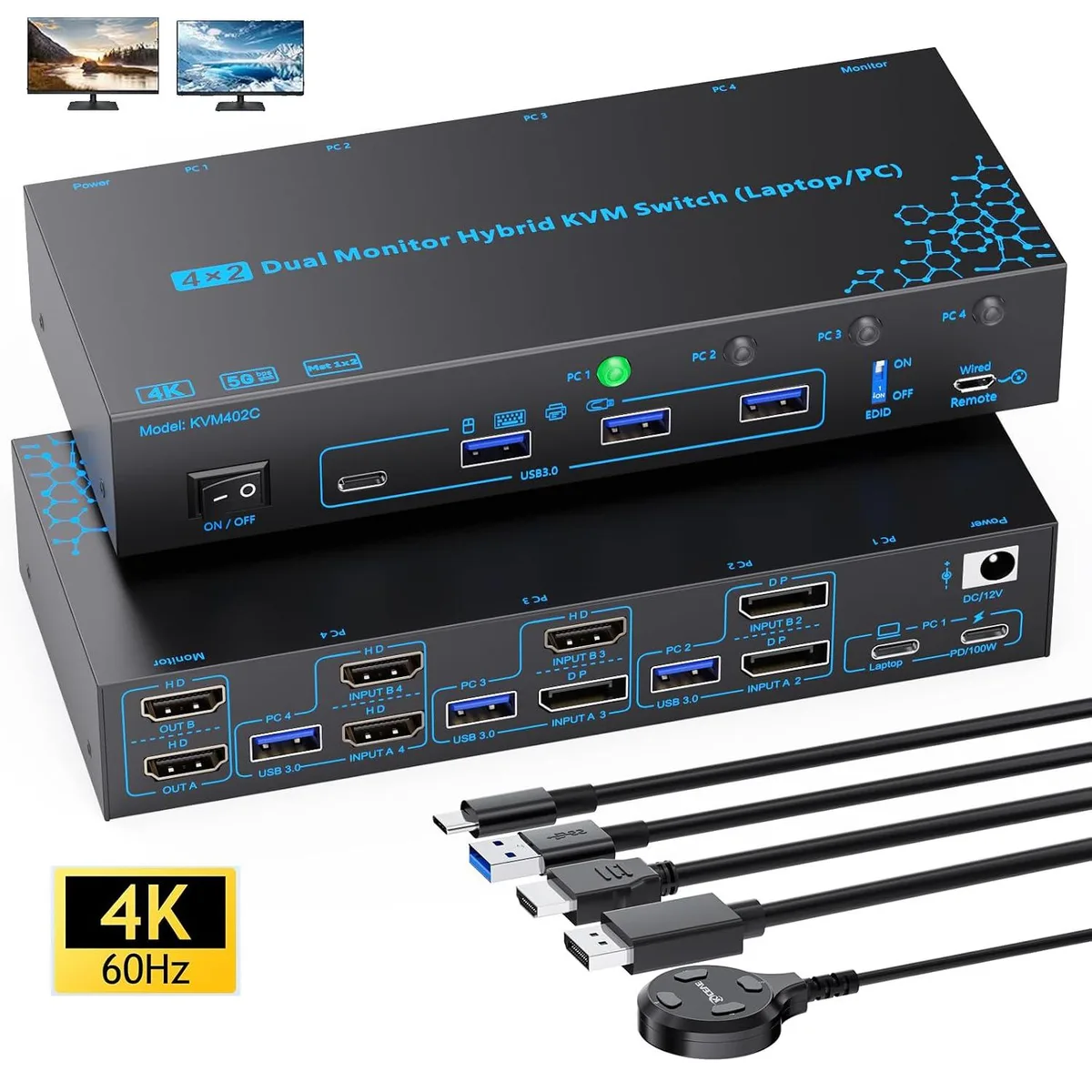 AUTYUE AUTYUE KVM402C 4-Port Hybrid KVM Switch 2 Monitors 4 Computers USB-C PD 100W Dual 4K@60Hz — product photo