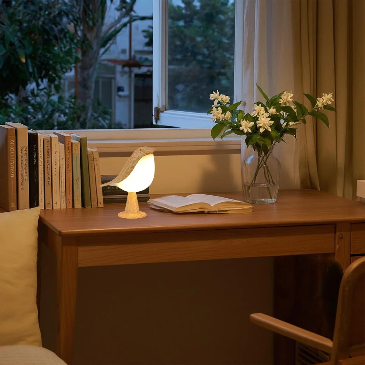 Small wooden hummingbird table lamp with touch dimmer