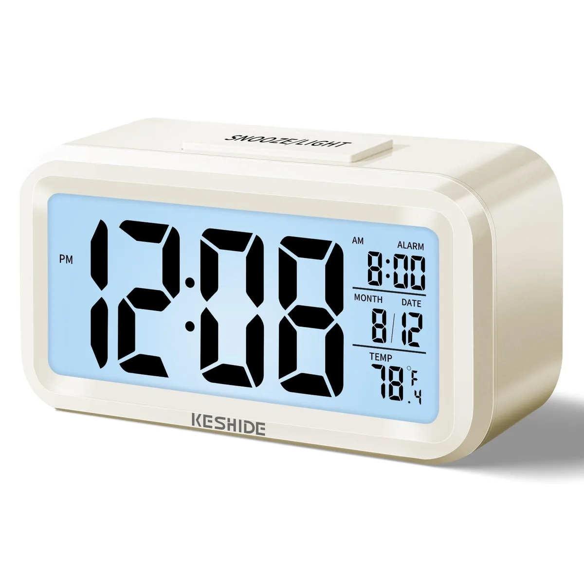 White rectangular digital alarm clock with LCD display showing time and temperature, 6.7 by 1.5 by 3.0 inches