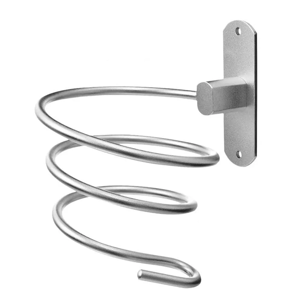 Silver wall-mounted hair dryer holder with curved armrests for styling tools