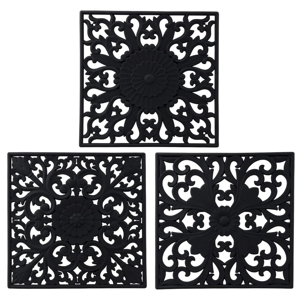 Three square black silicone trivet mats, each 7.87 inches wide and .22 inches thick