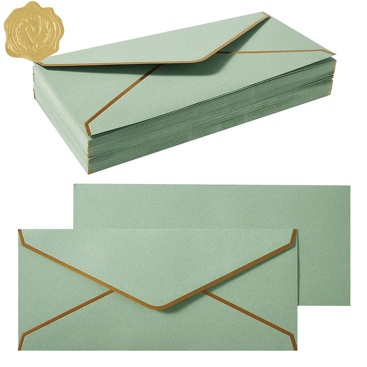 #10 Business Envelopes Sage Green 50 Pack with Gold Stickers — product photo