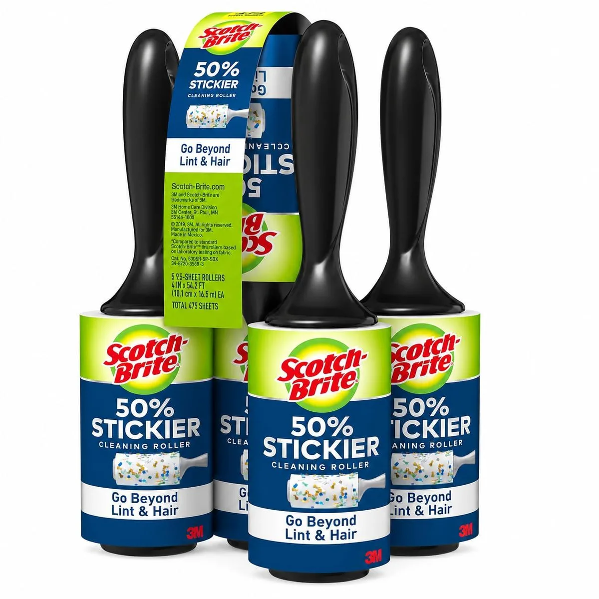 Black plastic lint roller handle with five white refill rolls, 475 sheets total