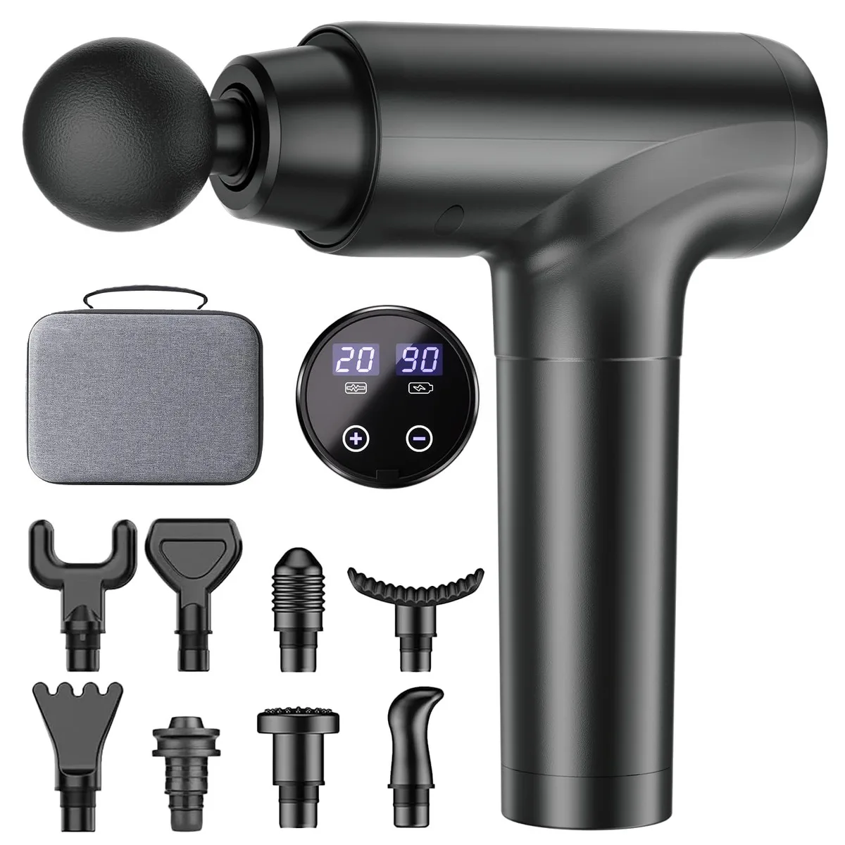 Blue handheld massage gun with dark grey accents, 9 interchangeable heads and LED touch screen