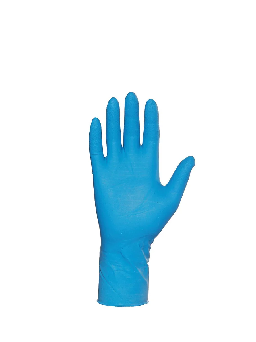 Box of blue latex exam gloves with extended cuffs