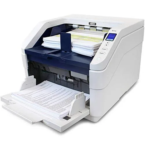 Large rectangular document scanner in white and grey with a 500-sheet input tray and colour LCD