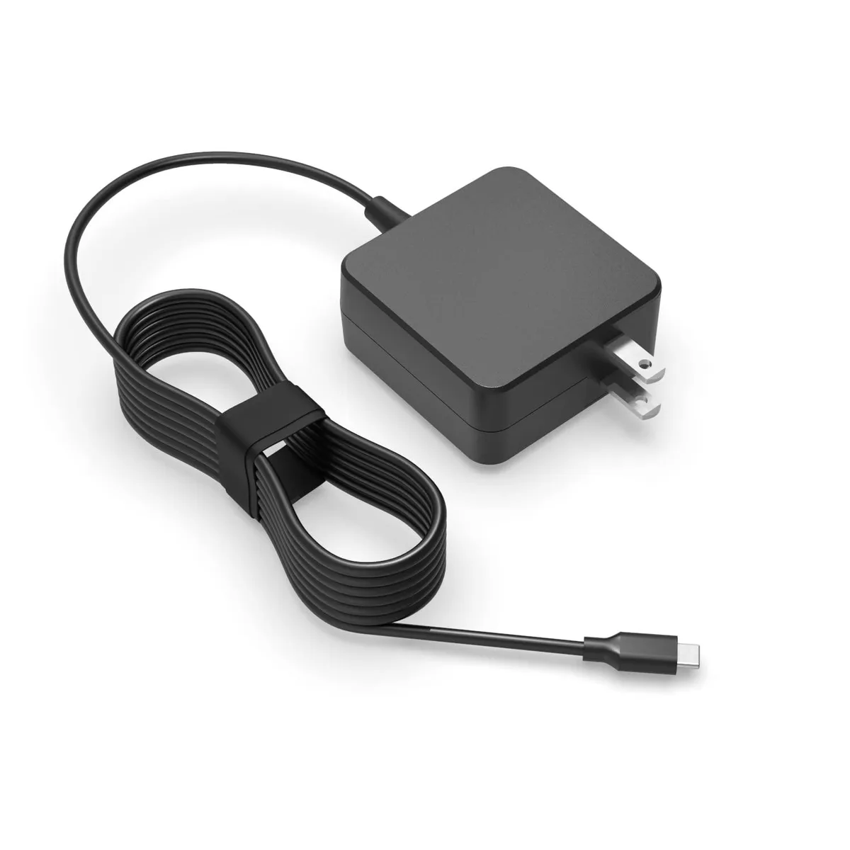 Compact black USB-C power brick with detachable cable