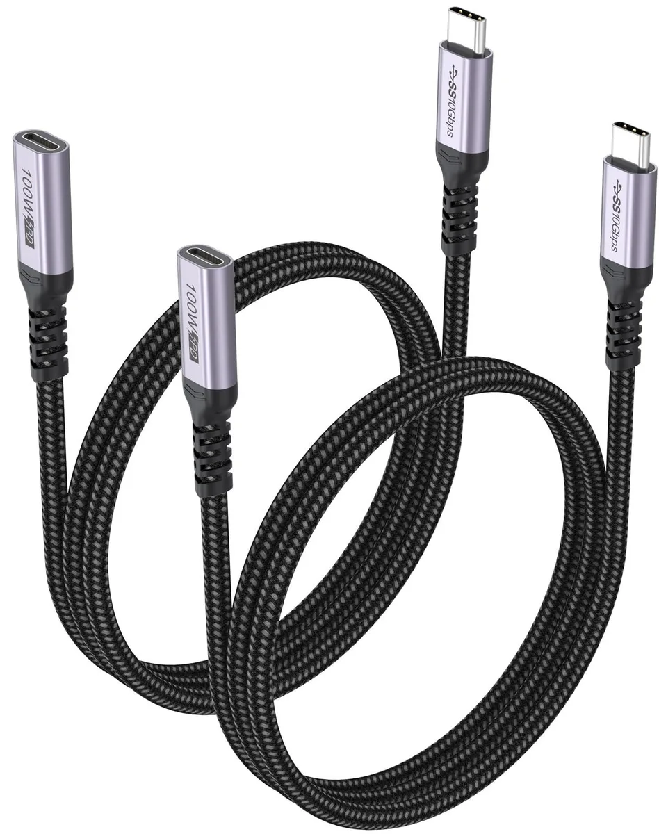 Two grey USB-C male-to-female extension cables, three feet long, nylon braided