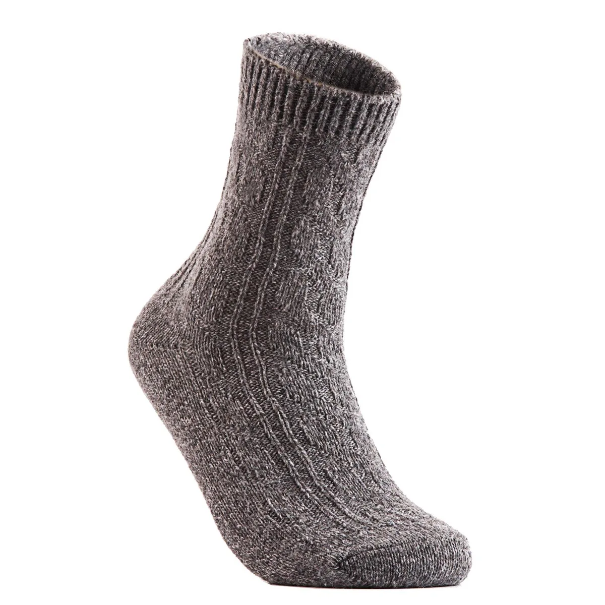 Six pairs of grey wool-blend crew socks laid flat