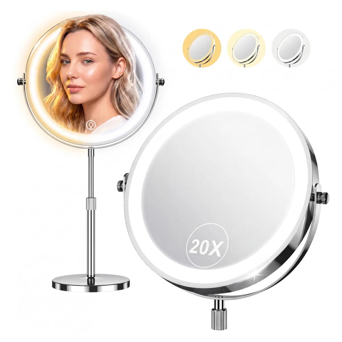 Round silver tabletop mirror with LED ring and adjustable stand