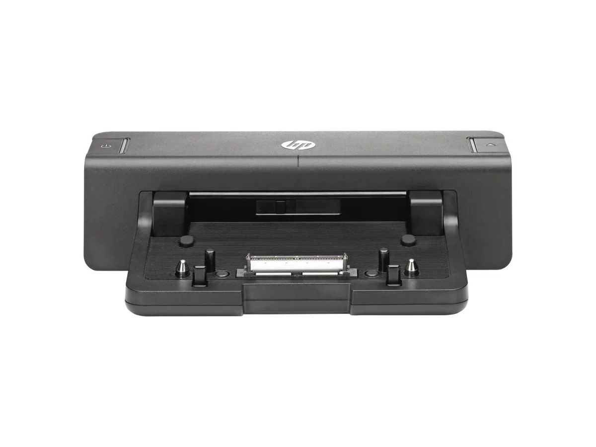 Black rectangular HP docking station with front ports and 230W power adapter