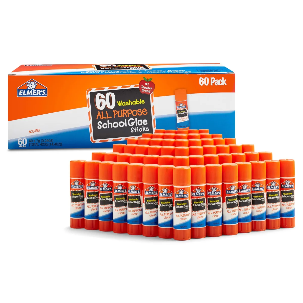 Cardboard box containing 60 white glue sticks in plastic casings