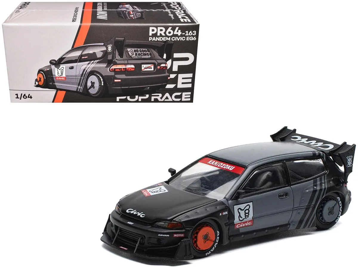 Pop Race Pop Race Pandem Civic EG6 RHD Kanjozoku Matt Black Gray 1/64 Diecast Car — product photo
