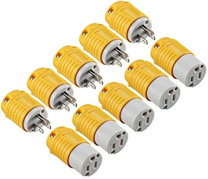 Five sets of black straight-blade male and female plugs with yellow cord clamps