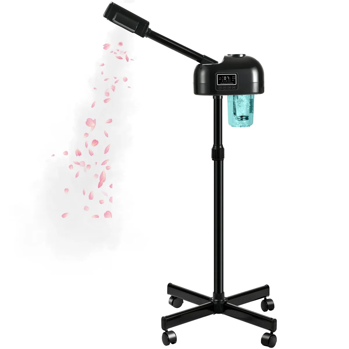 Black rolling facial steamer with LCD panel, adjustable stand and rotating nozzle