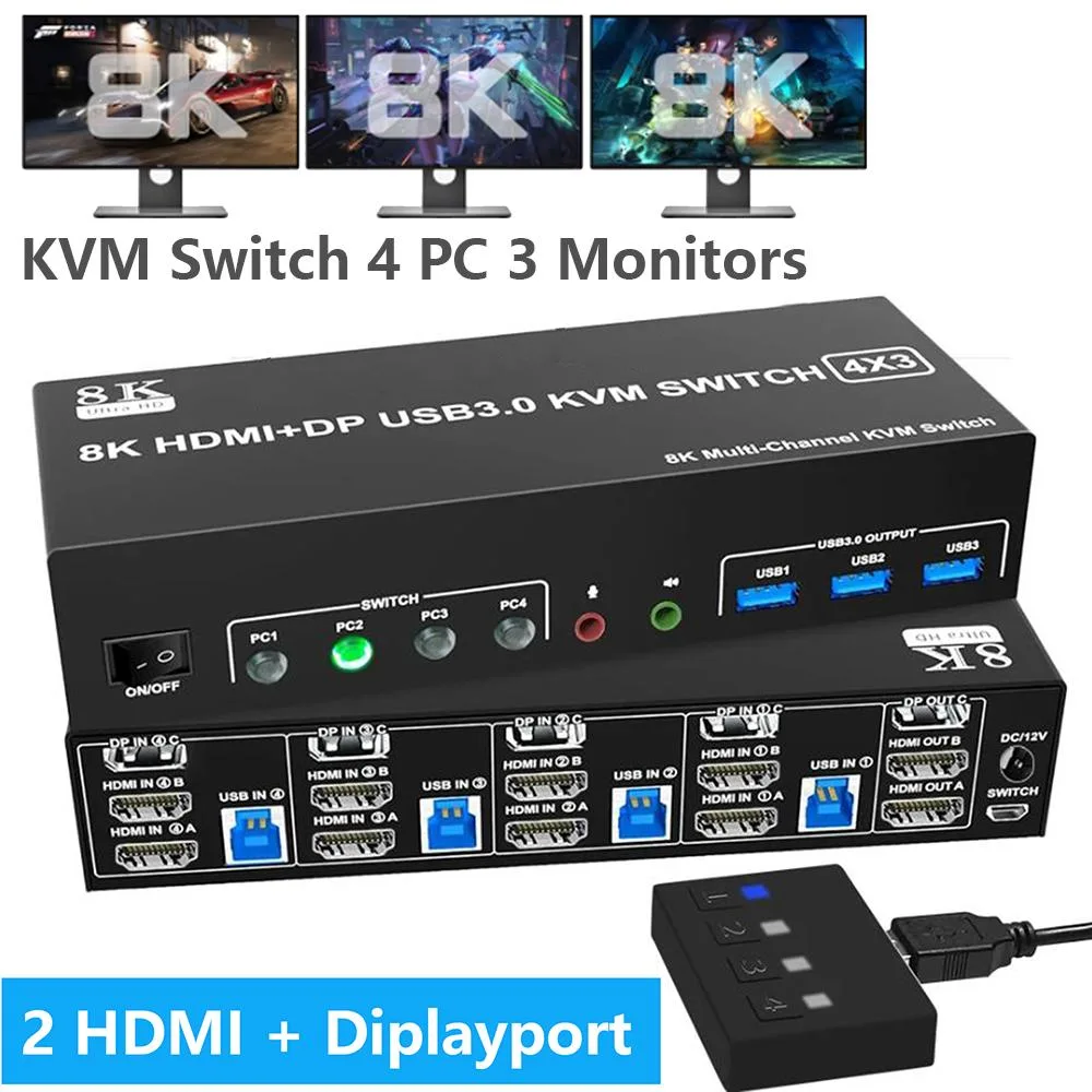 IHDAPP IHDAPP KVM Switch 3 Monitors 4 Computers 2 HDMI 1 DisplayPort 8K@60Hz 4K@144Hz USB 3.0 Audio — product photo