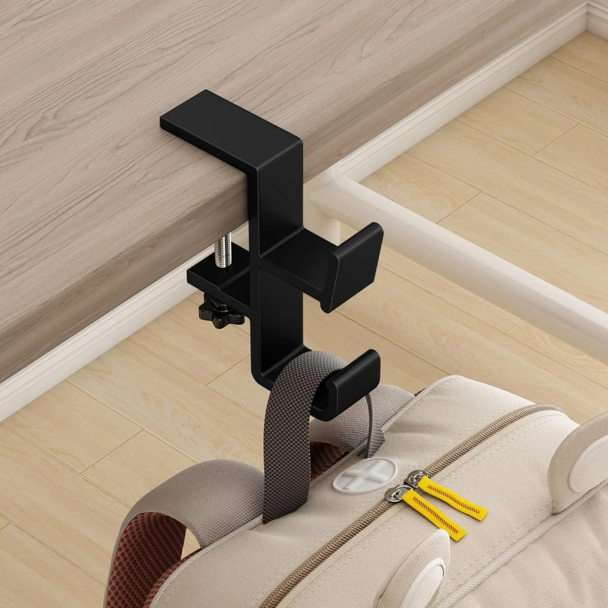 Black aluminum dual-hook hanger with adjustable clamp and sponge pad