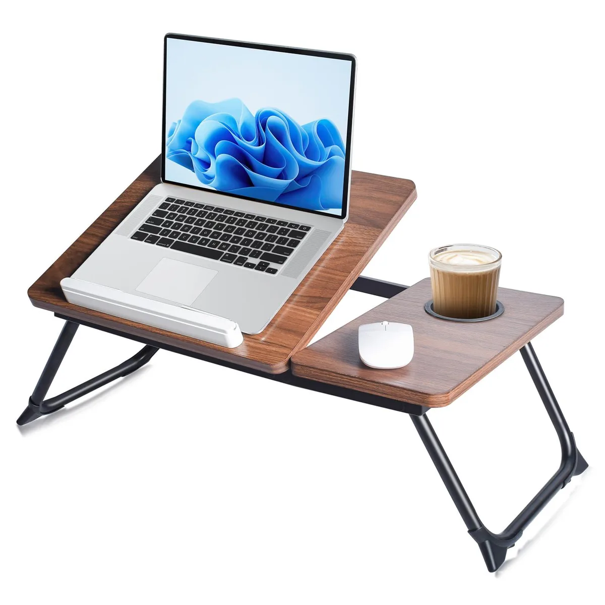 Black leather lap desk with foldable legs, cup holder and phone slot
